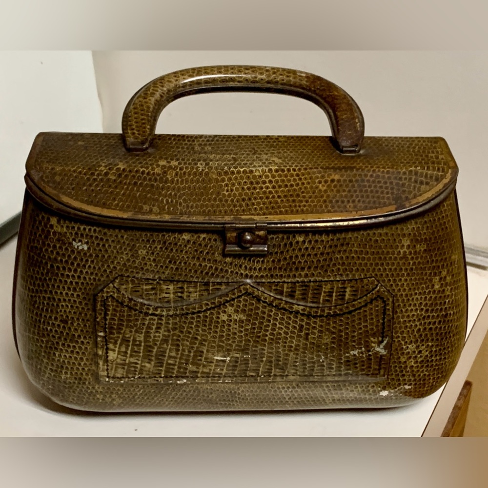 Early 20th Century Antique Huntley Palmer Faux Reptile Litho Metal Purse Tin